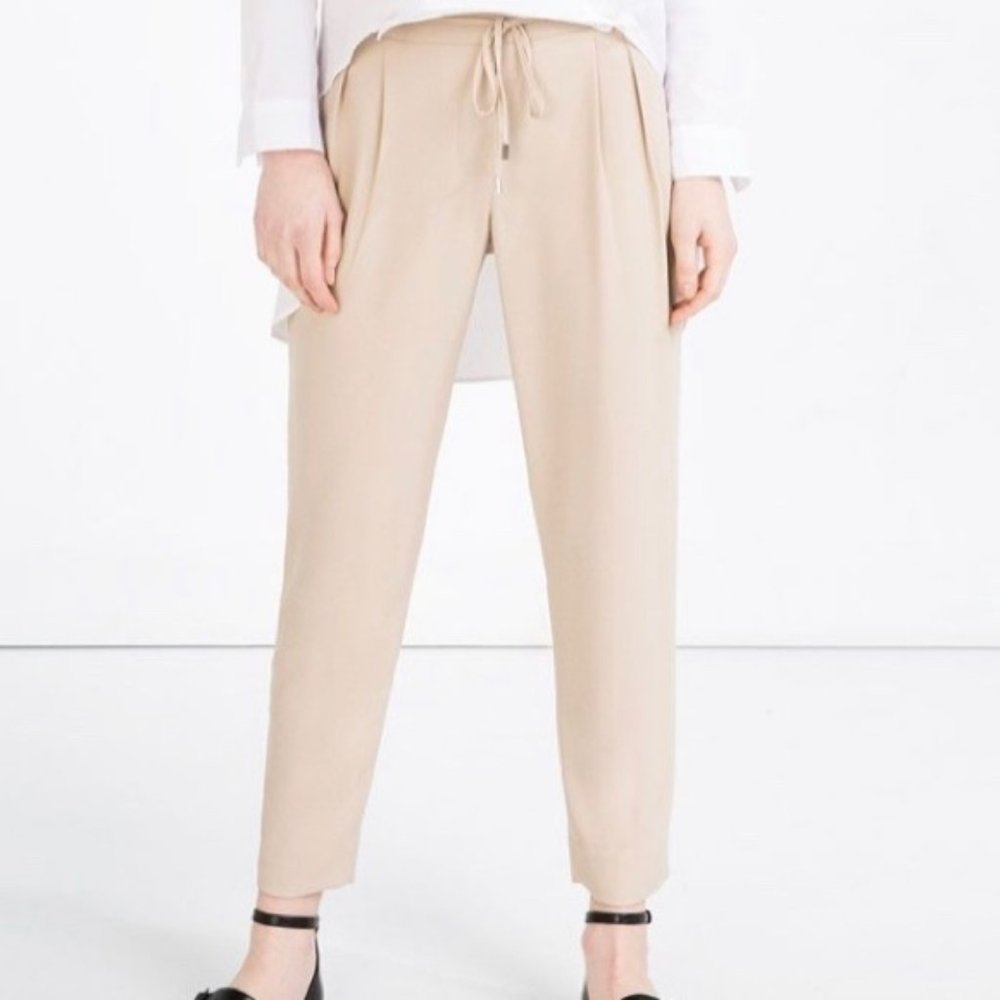 Zara Basic Straight Drawstring Ankle Relaxed Nude Tan Pants XS